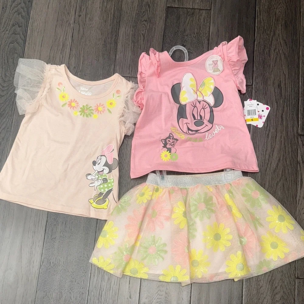 Three-piece Disney Minnie Mouse sequence floral skirt/skort and t-shirt Set